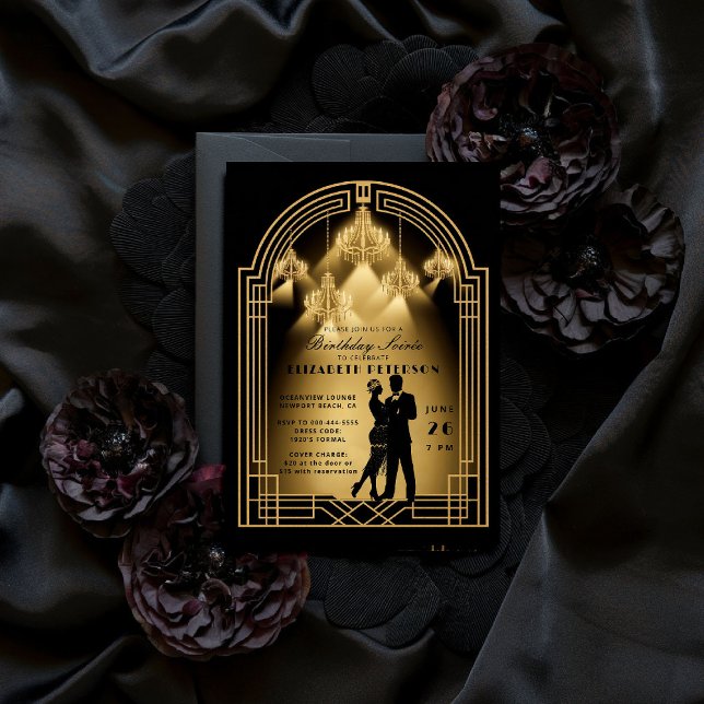 Convite Gatsby Roaring Twenties Deco Chandeliers Birthday (gatsby party invitation roaring twenties 1920s art deco nouveau arch gold business corporate event)