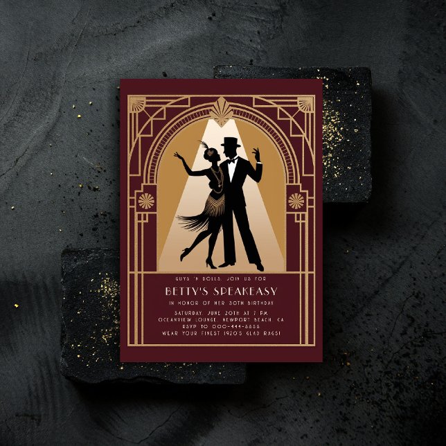 Convite Gatsby SpeakEasy 1920 Deco Dourado Burgundy Birthd (gatsby party invitation speakeasy roaring 1920s twenties nouveau deco flapper dance burgundy)