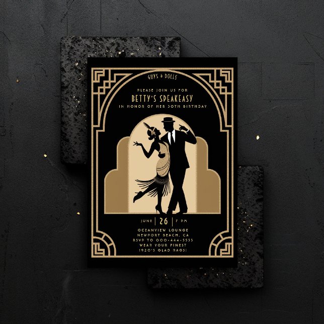 Convite Gatsby Speakeasy Flapper Roaring 20s Deco Birthday (gatsby party invitation speakeasy roaring 1920s twenties nouveau deco flapper dance gold elegant)