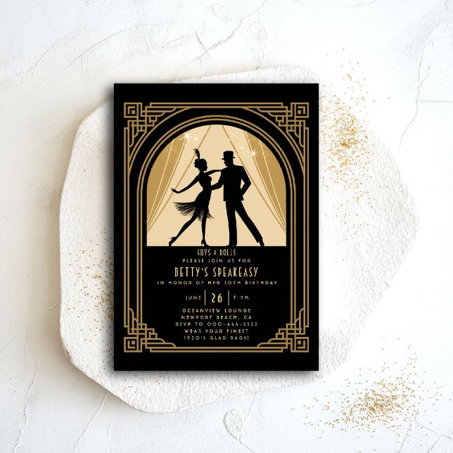 Convite Gatsby Speakeasy Nouveau Flapper Deco Birthday (gatsby party invitation speakeasy roaring 1920 twenties nouveau deco flapper dance gold)