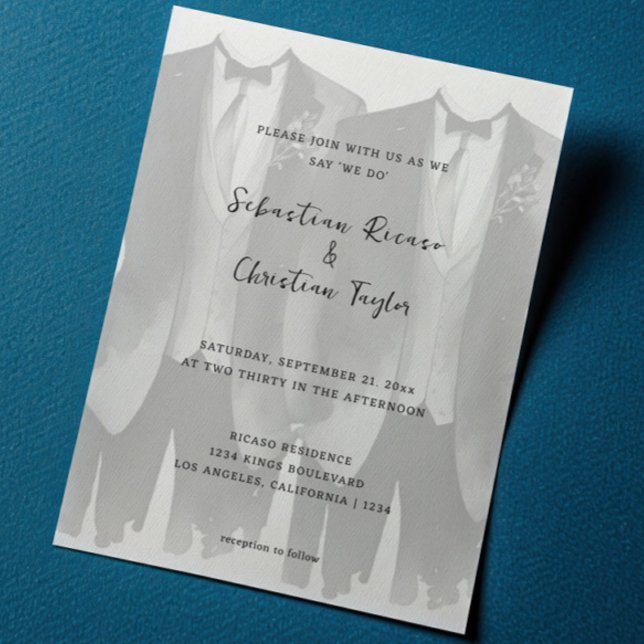 Convite Gay Casamento com dois grupos em fatos e Gravatas (Gay Wedding Two Grooms in Suits and Ties Invitation by Ricaso Modern same sex wedding invites )
