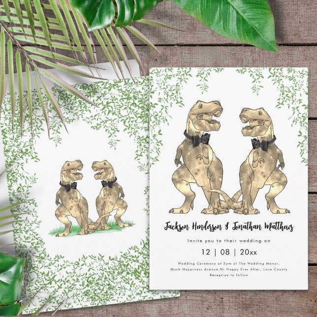 Convite Gay de Dinossauro Casamento T-Rex Dois Alcômodos (Dinosaur gay wedding two grooms watercolor dino wedding save the date invitation)
