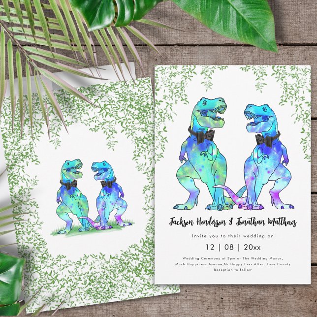 Convite Gay de Dinossauro Casamento T-Rex Dois Alcômodos (Dinosaur gay wedding two T-Rex grooms colorful dino wedding invitation in vibrant bright colors )