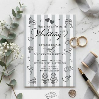 Convite Gay Wedding Two Brides Whimsical Doodles