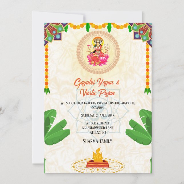 Convite Gayatri Yagna Vastu Pujan Hindu Indian Floral (Frente)