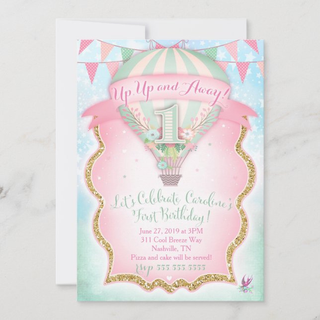 Convite GC Hot Air Balloon Primeiro Aniversário Caroline (Frente)