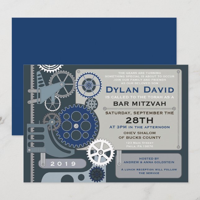 Convite GEARS Bar Bat Mitzvah (Frente/Verso)