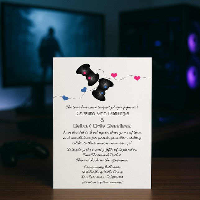 Convite Geeky Gamers Invitation Dark (Azul/Rosa) (Dark Blue and Pink Geeky Gamers Wedding Invitation)