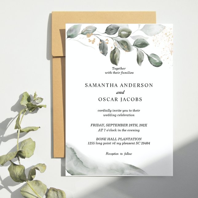 Convite Gel Greenery Watercolor Folha | Pó Dourada (Criador carregado)