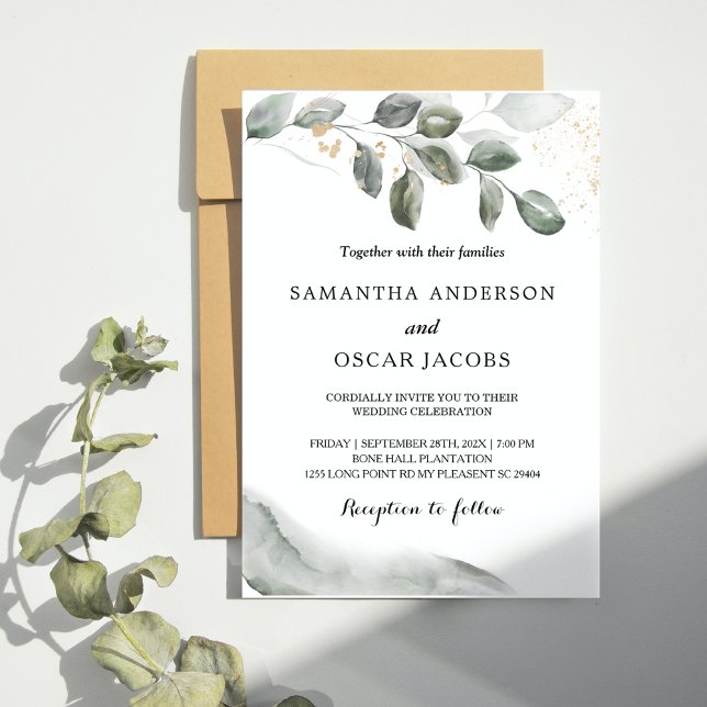 Convite Gel Greenery Watercolor Folha | Pó Dourada (Criador carregado)