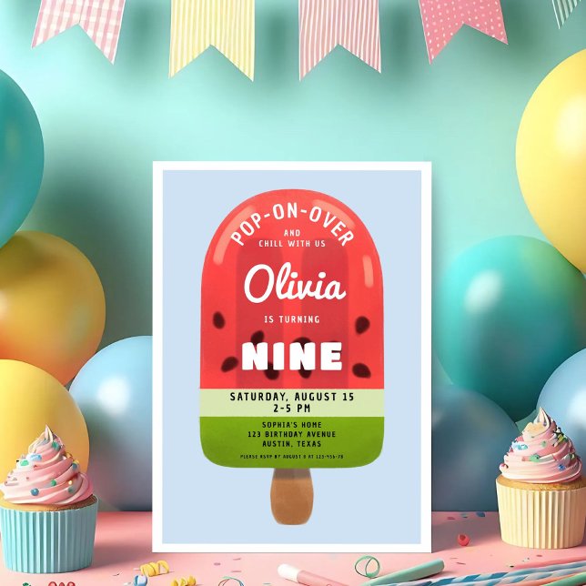 Convite Gelada de Melão Gelado, 9.º Aniversário (Cute Melon Popsicle Girl 9th Birthday Invitation)