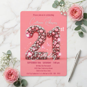 Convite Gemas Cor-de-Rosa e Prateadas Brilhantes Aniversár