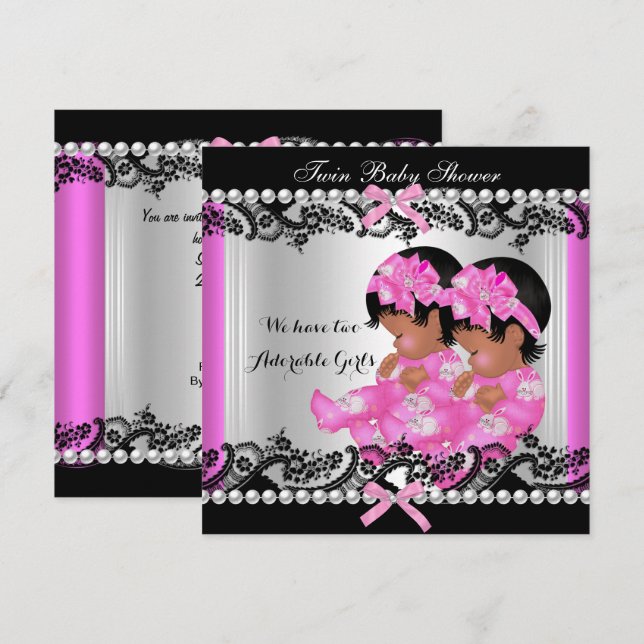 Convite Gêmeas Afro-Americanas Chuveiro de Bebê Rosa Quent (Frente/Verso)
