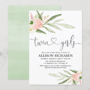 Convite Gêmeas, chá de fraldas floral cor-de-rosa de our