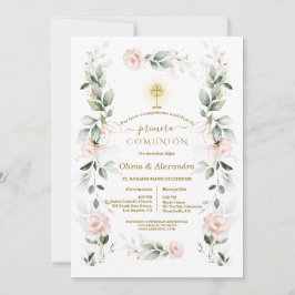 Convite Gêmeas da Primeira Comunhão Blush Floral Comunhão