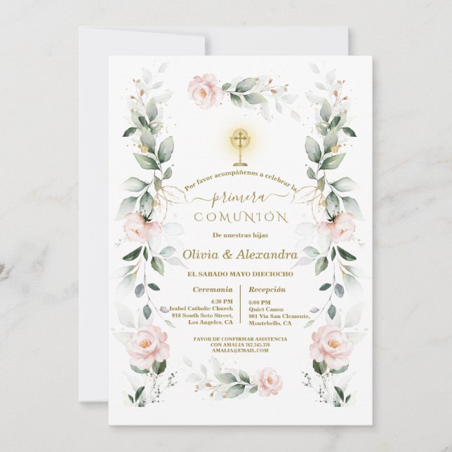 Convite Gêmeas da Primeira Comunhão Blush Floral Comunhão (Frente)