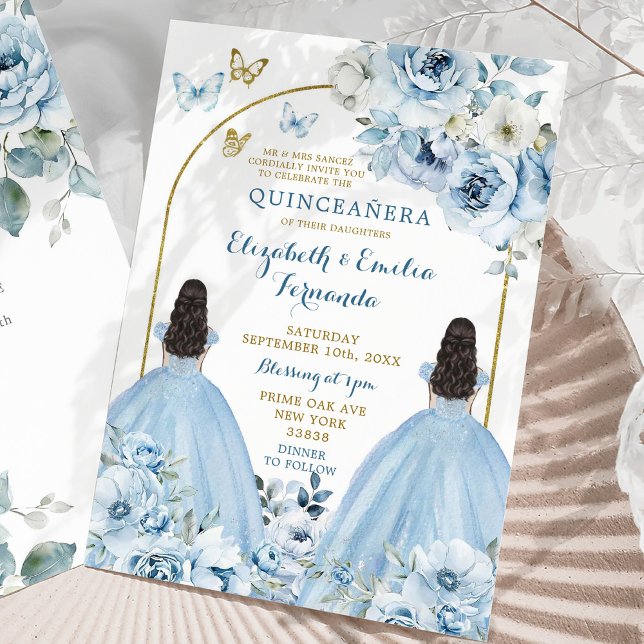 Convite Gêmeas Dusty Blue Mexican Quinceañera Princesas (Criador carregado)
