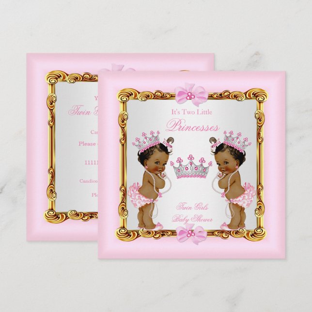 Convite Gêmeas Étnicas Princesa Churrasco de Bebê Dourado  (Frente/Verso)