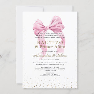 Convite Gêmeas Filhas Laço Rosa Primeiro Aniversário Batiz
