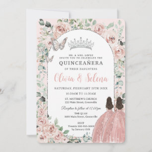 Convite Gêmeas Florais Blush Princas Silver Quinceañera
