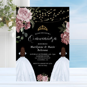 Convite Gêmeas Florais Princesa Rosa Empoeirado Quinceañer