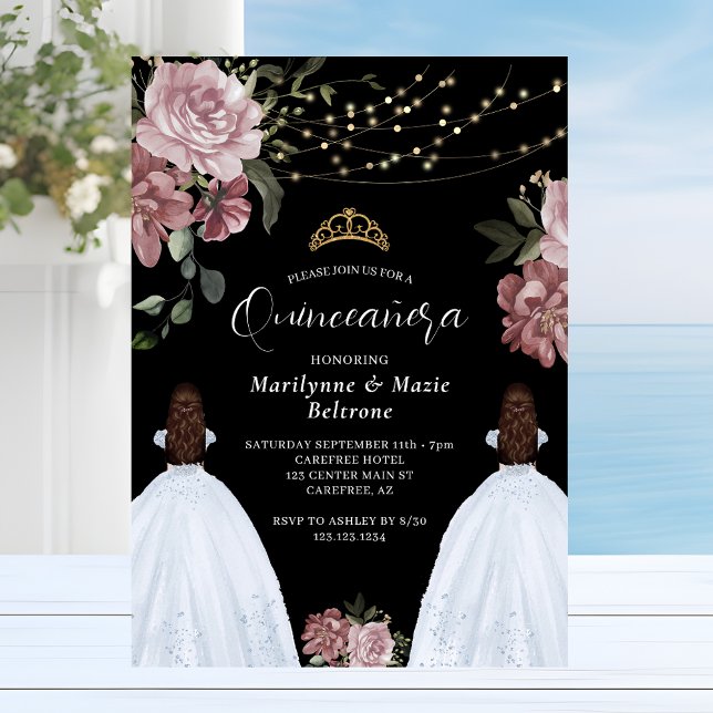 Convite Gêmeas Florais Princesa Rosa Empoeirado Quinceañer (Criador carregado)