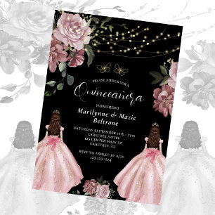 Convite Gêmeas Florais Princesa Rosa Empoeirado Quinceañer
