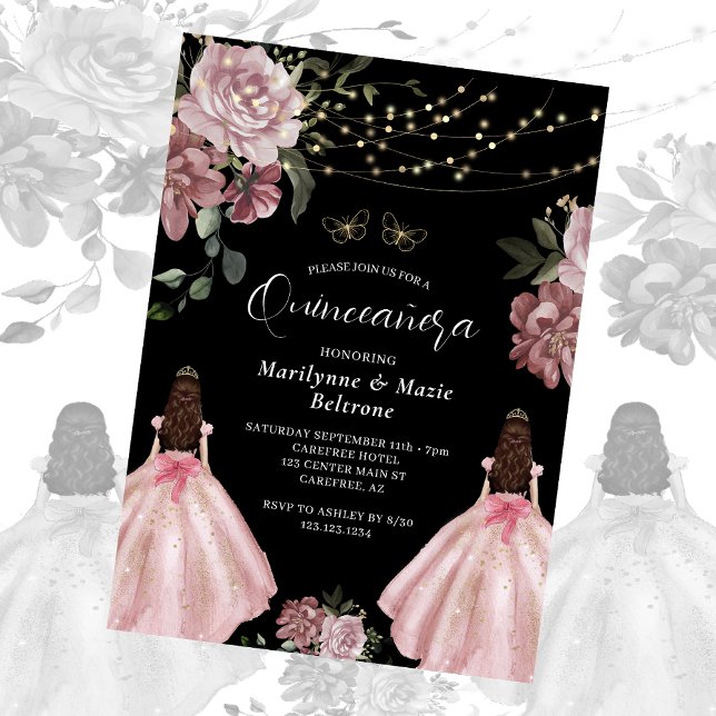 Convite Gêmeas Florais Princesa Rosa Empoeirado Quinceañer (Criador carregado)
