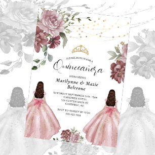 Convite Gêmeas Florais Princesa Rosa Empoeirado Quinceañer