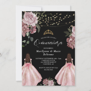 Convite Gêmeas Florais Princesa Rosa Empoeirado Quinceañer