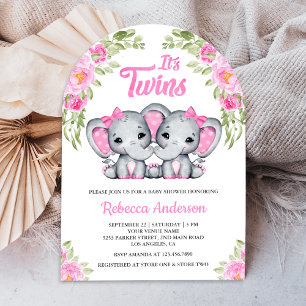 Convite Gêmeas Floral Rosa Elefante Arco Chás de Bebê