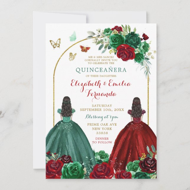 Convite Gêmeas Irmãs Caçam Rosa vermelha Verde Quinceañera (Frente)