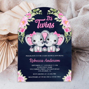 Convite Gêmeas Meninas Elefante Floral Rosa Azul Marinho C
