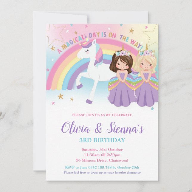 Convite Gêmeas Morena Loira Princesas Unicórnio Aniversári (Frente)