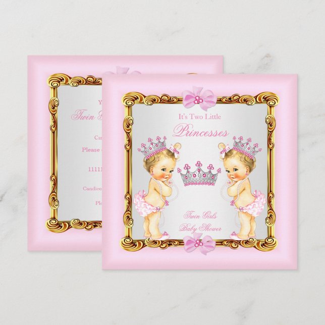 Convite Gêmeas Princesa Baby Shower Dourado Rosa Loira (Frente/Verso)