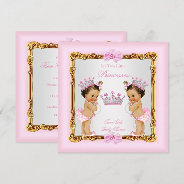 Convite Gêmeas Princesa Chuveiro de Bebê Dourado Rosa More (Frente/Verso)