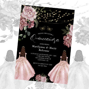 Convite Gêmeas Princesa Floral Rosa Empoeirada Quinceañera