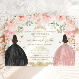 Convite Gêmeas Quinceañera Princesa Rosa Floral Dourado Pr
