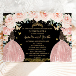 Convite Gêmeas Quinceañera Princesa Rubor Floral Dourado P