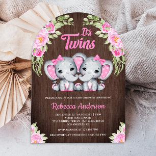 Convite Gêmeas Rosa Floral Elefante Madeira Chá de Bebê