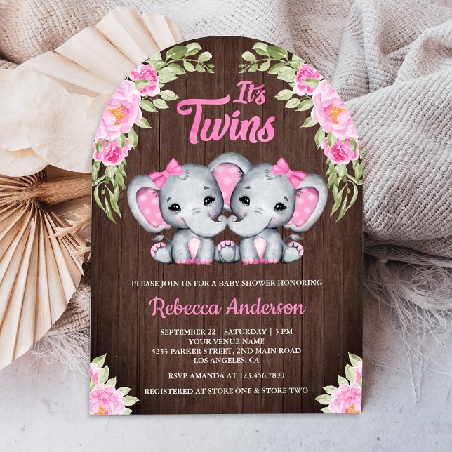 Convite Gêmeas Rosa Floral Elefante Madeira Chá de Bebê (Criador carregado)