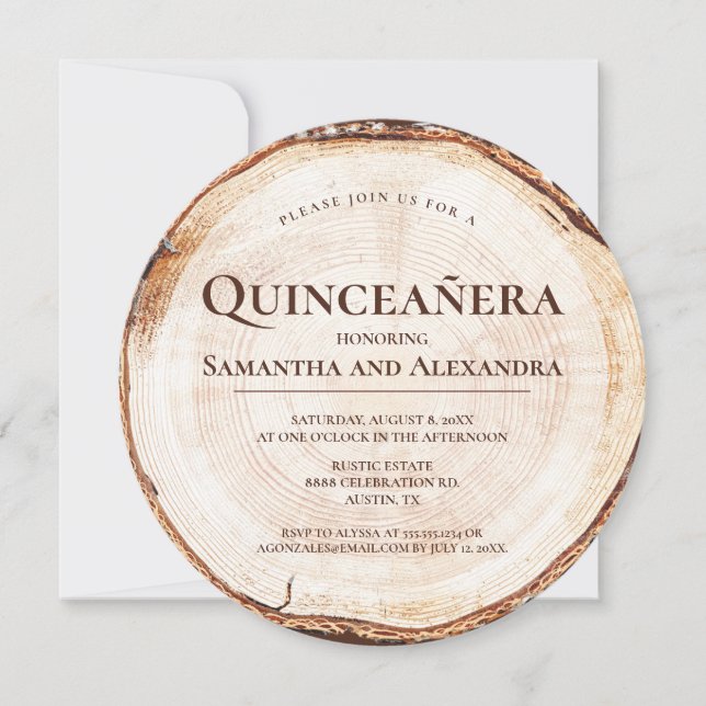 Convite Gêmeas Rústicas Quinze Anos Textura de Madeira Qui (Frente)