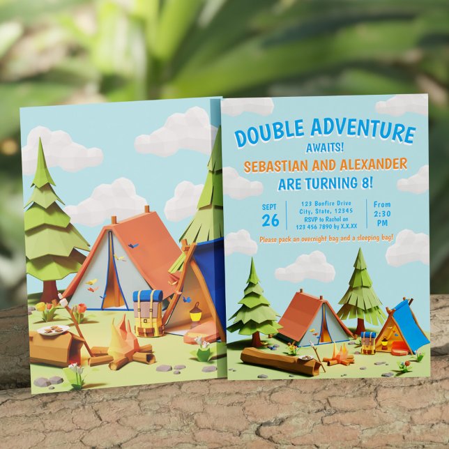 Convite Gêmeos acampando aventura dupla aguarda aniversári (Twins Camping Double Adventure Awaits Birthday Invitation)