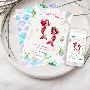 Convite Gêmeos Aniversário de Sereia com Glitter Aquarel