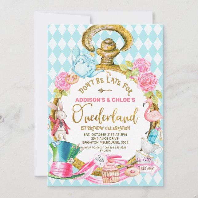 Convite Gêmeos Azuis Assistem Alice No Aniversário De Oned (Frente)