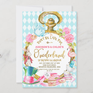 Convite Gêmeos Azuis Assistem Alice No Aniversário De Oned