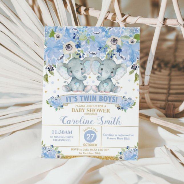 Convite Gêmeos Azul Chic Floral Elefante Chuveiro Bebê Men (Criador carregado)