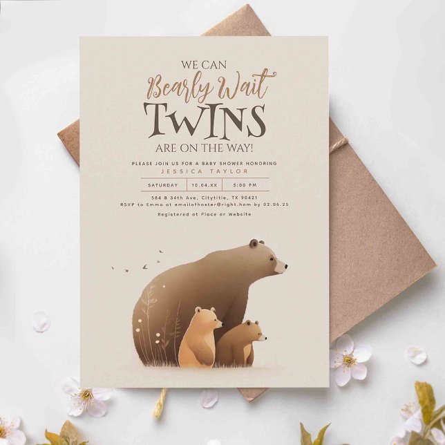 Convite Gêmeos Beam Bear e Chá de fraldas de Mãe Cuta (We Can Bearly Wait Twins Are On The Way! - Cute Mother bear and her two cubs baby shower invitations)