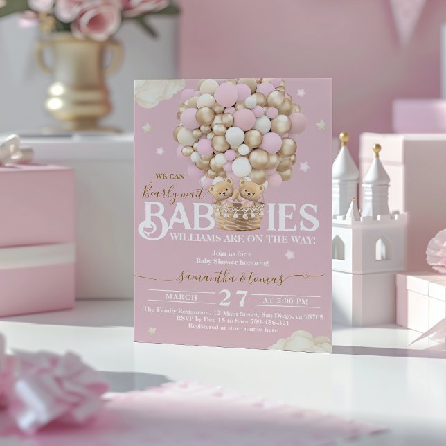 Convite Gêmeos Bear Balões Esperam Chá (Criador carregado)