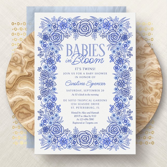Convite Gêmeos Bebês No Chá de fraldas Floral Azul Bloom (Criador carregado)